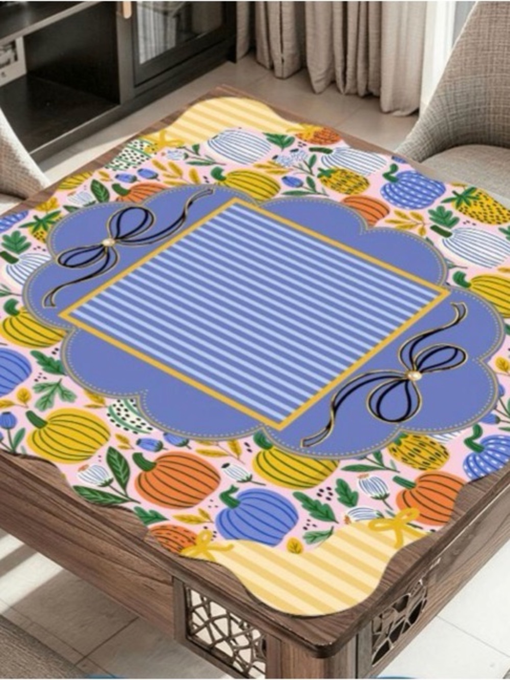 NEW Custom Designed Festive Blue Pumpkin Scalloped Edge Mahjong Mat - Picture 7 of 8